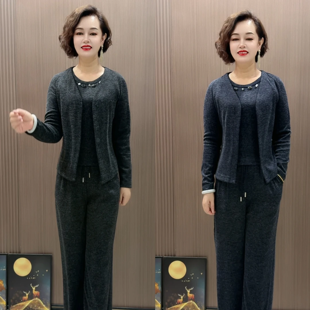 B03秋季新款气质显瘦时尚休闲阔腿裤三件套套装长袖上衣