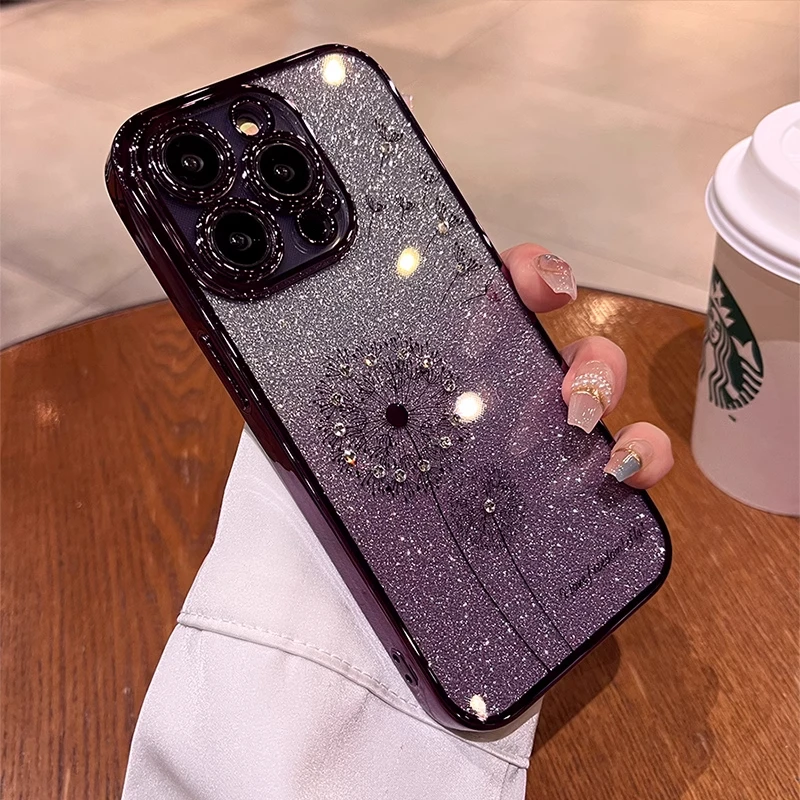 渐变闪粉水钻蒲公英适用苹果16promax手机壳iphone15可爱女13mini