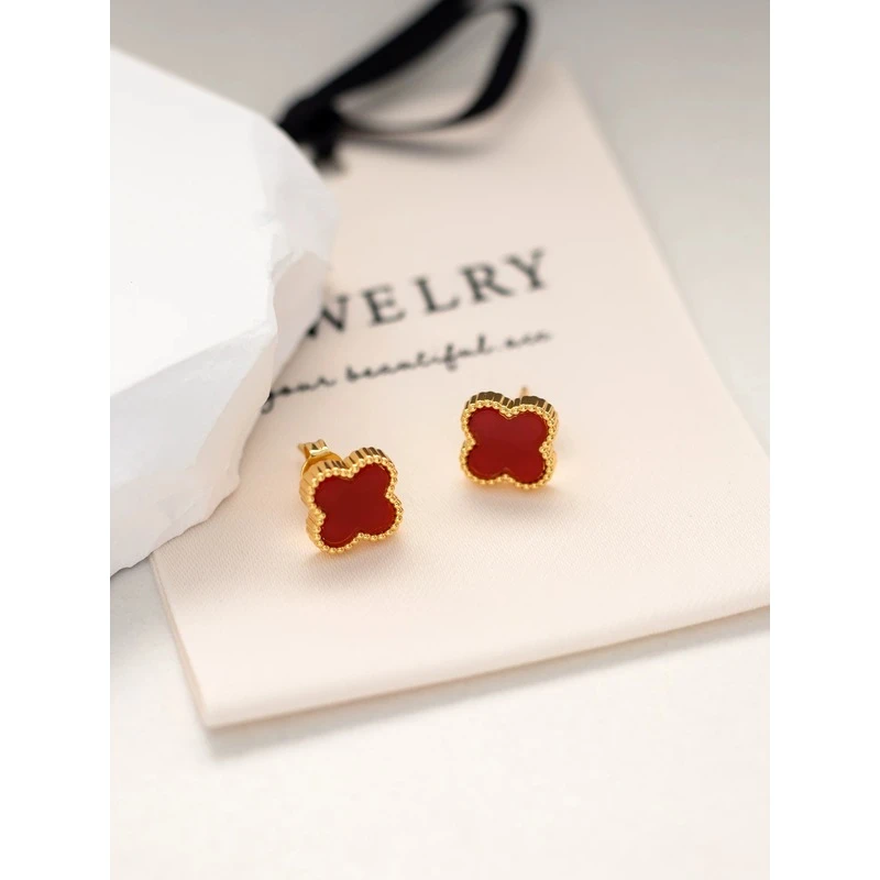铜合金耳饰 【DING Design】气质红色四叶草耳钉DD 9688