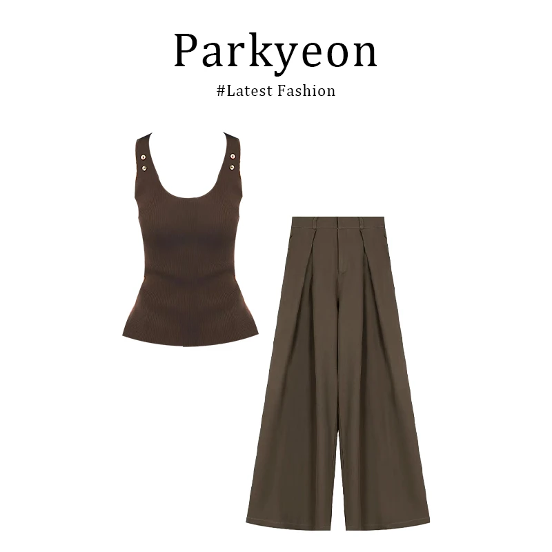 韩系辣妹慵懒风咖色修身无袖背心设计感阔腿休闲裤两件套装女夏季