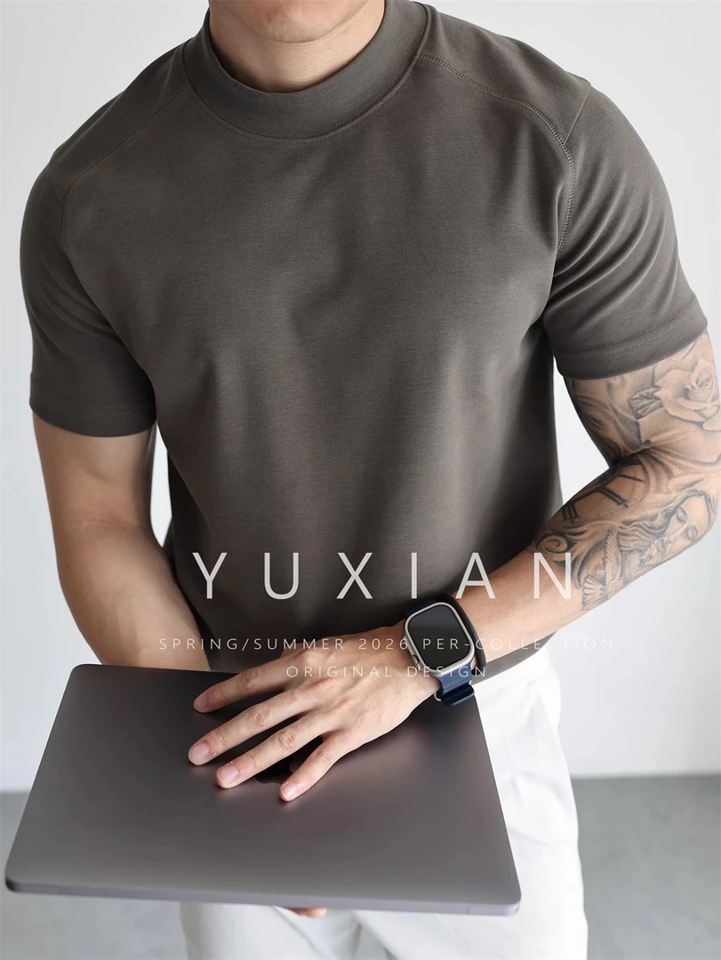 YUXIAN美式棉质磨毛小中领280克短袖休闲商务T恤纯色百搭圆领男士