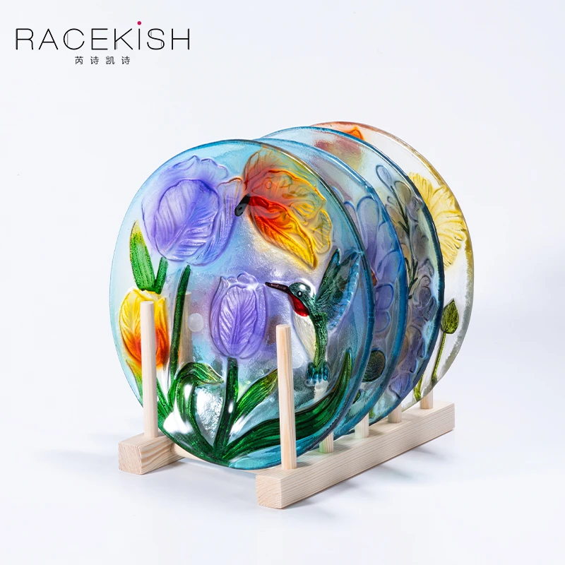 racekish手绘玻璃水果装饰盘4件套彩绘水果盘家用客厅点心盘