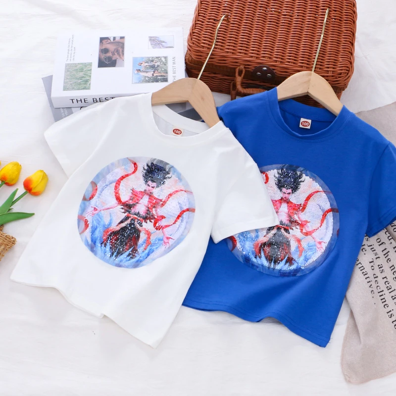 男童夏季新款棉质变色亮片短袖T恤童装哪吒儿童服装哪吒闹海短袖