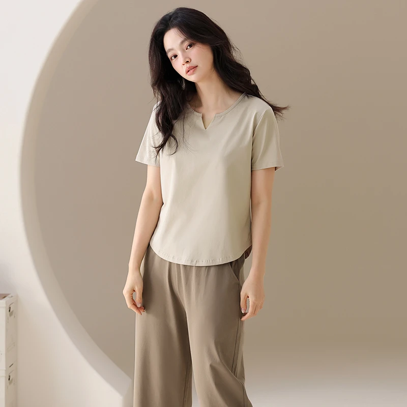 荞巧娜2025女士夏季纯棉短袖长裤家居服莱卡棉睡衣透气凉感套装