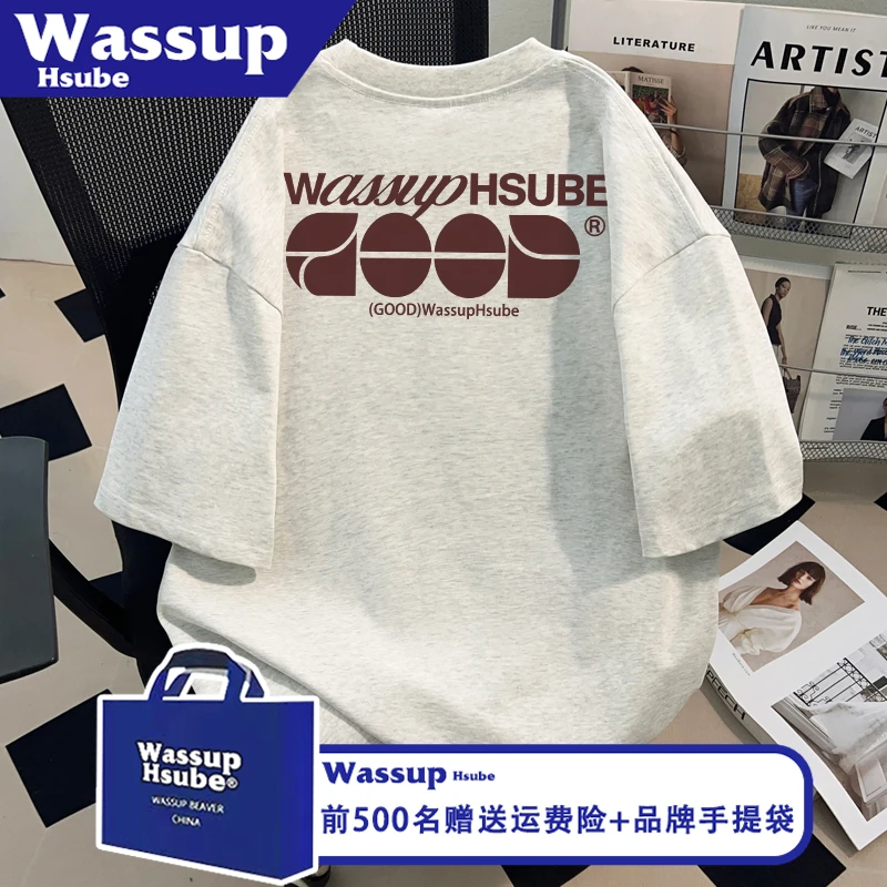 WASSUP HSUBE美式创意印花上衣夏季男女国潮T恤ins白灰100%棉短袖