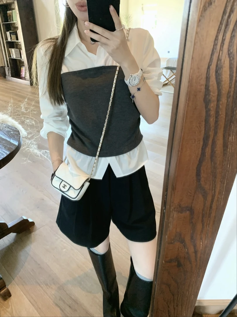 【米妮】“气质欧尼"假两件收腰长袖衬衫