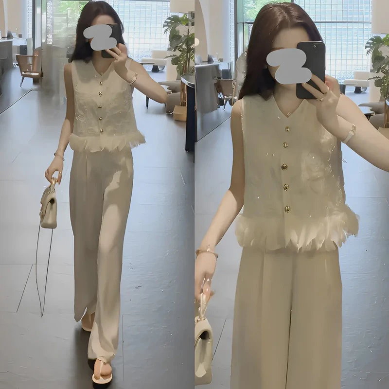 套装女2025新款爆款洋气夏季百搭无袖上衣长裤时尚气质小香风套装