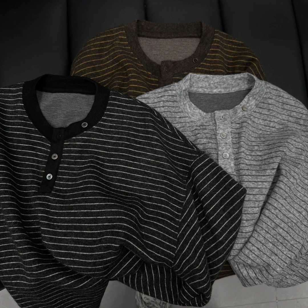 2025秋冬季新款美式潮牌复古条纹圆领毛衣宽松休闲百搭针织衫保暖