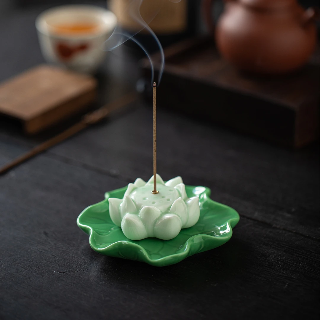创意陶瓷莲花线香插家用沉香檀香线香座室内禅意中式莲花香道摆件