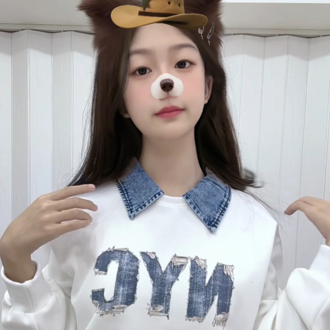 刺绣拼接印花长袖秋季卫衣春季学院风夏季甜辣千金风