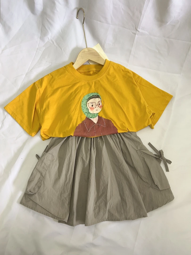 夏季新款印花卡通印花女短袖圆领T恤休闲工装半身裙套装
