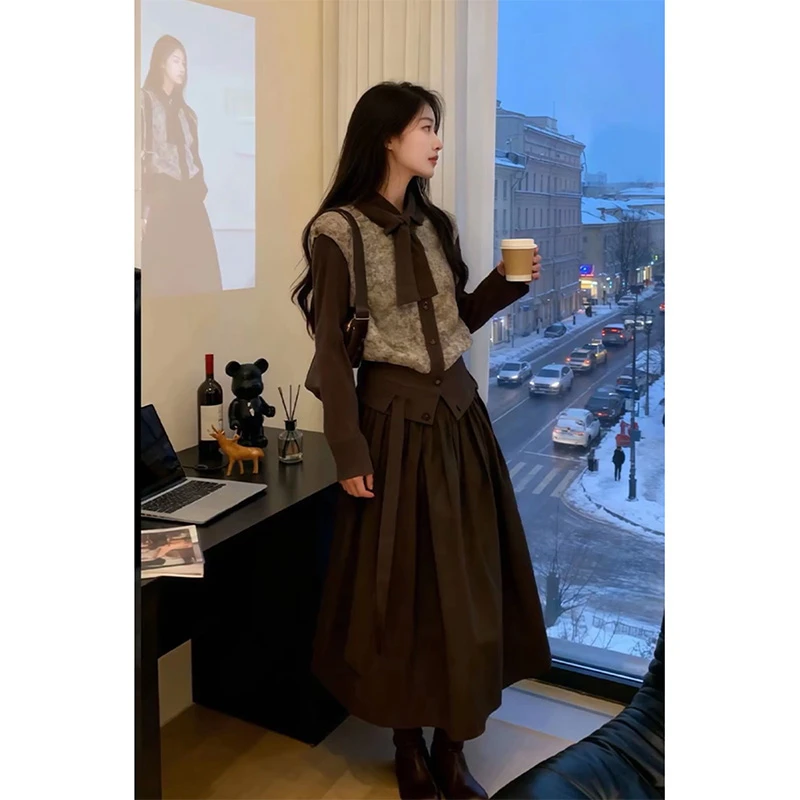 美拉德复古撞色毛绒针织毛衣开衫女松弛感高腰A字半身裙子两件套