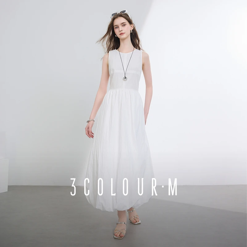 【花苞连衣裙】三彩2025夏季新款简约法式小白裙无袖收腰长裙女M