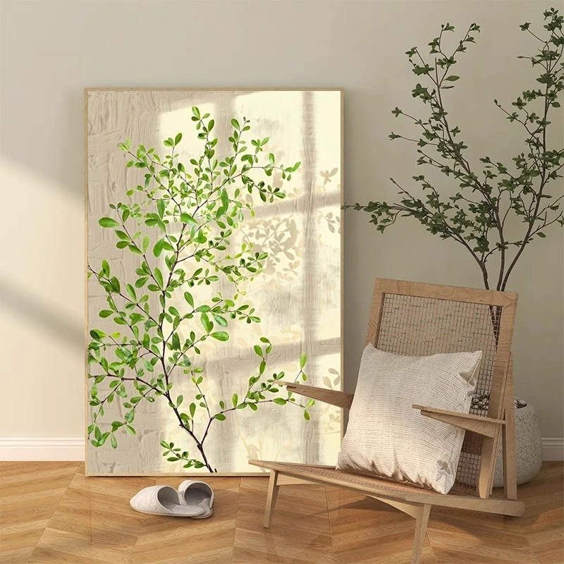 奶油风玄关装饰画法式客厅现代简约光影挂画绿植沙发背景装饰画