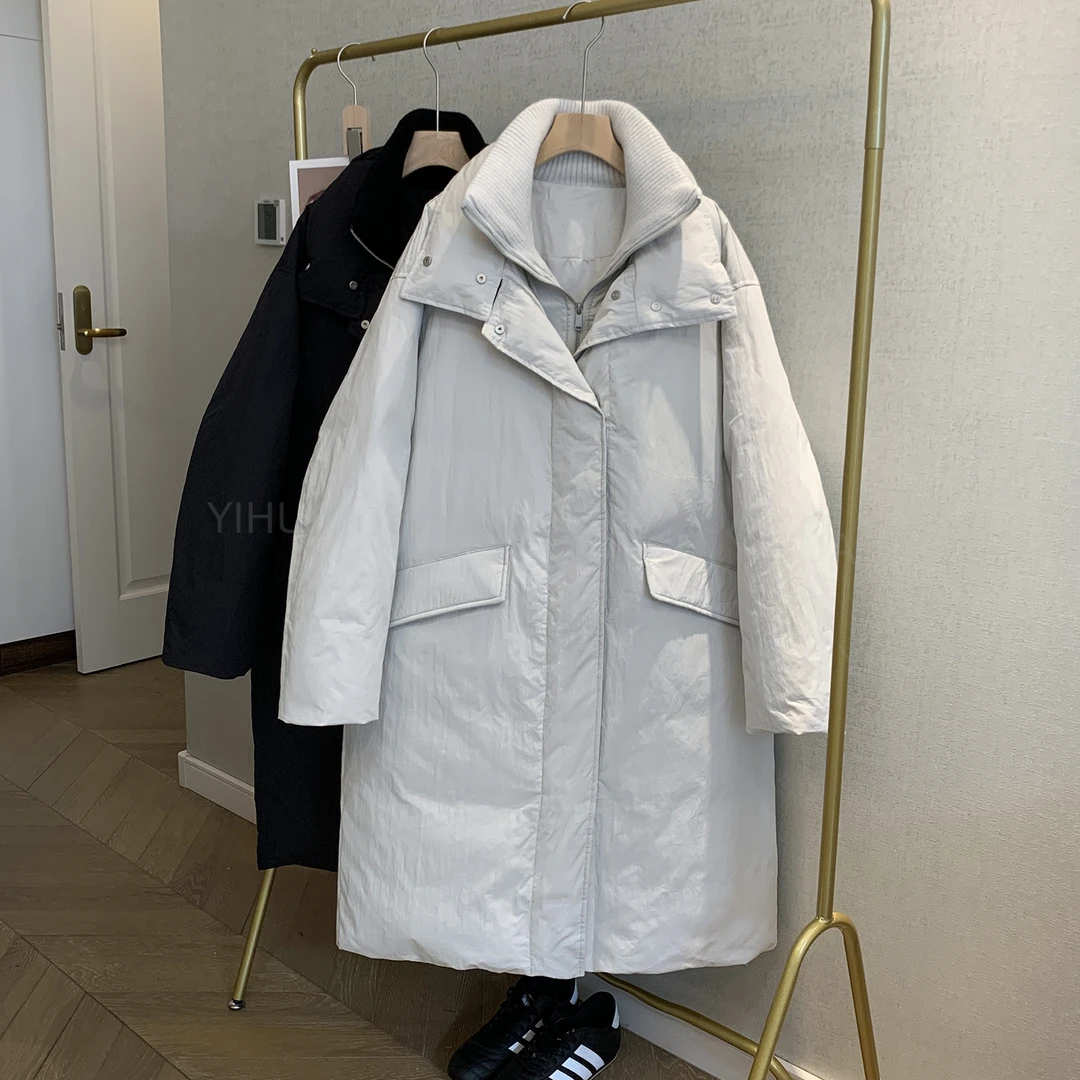 派克风长款羽绒服女立领宽松假两件外套2025冬季保暖白色加厚大衣