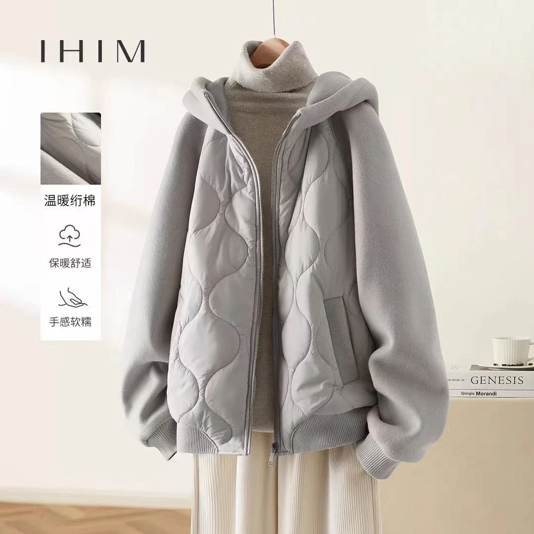 2025秋冬简约时尚韩版加厚保暖连帽拼接高级感灰色长袖拉链外套女