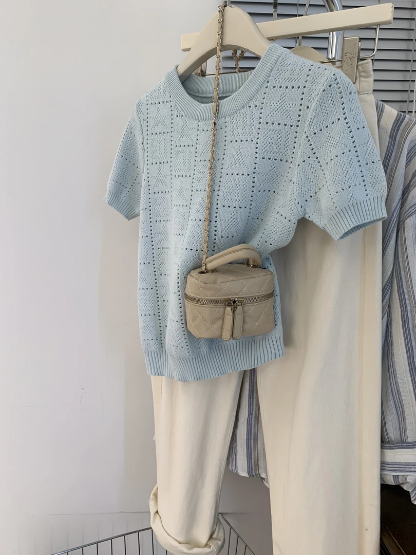 别致漂亮蓝色薄款针织衫上衣女2025夏新款高级感气质冰丝短袖t恤