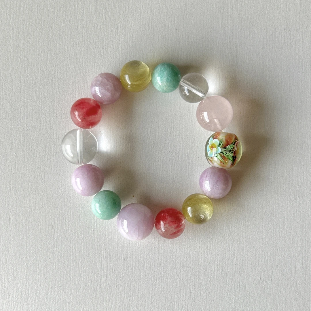 萤石（处理）mumu 拾花酿春 彩色复古少女 弹力绳手链