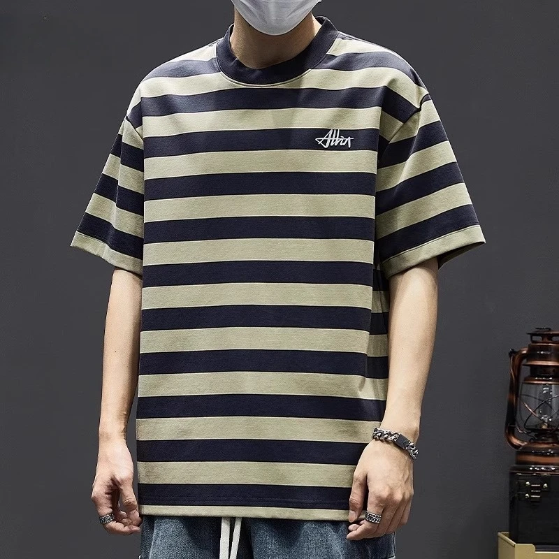 短袖T恤男夏季新款日系ins条纹半袖男士潮牌上衣宽松圆领美式体恤