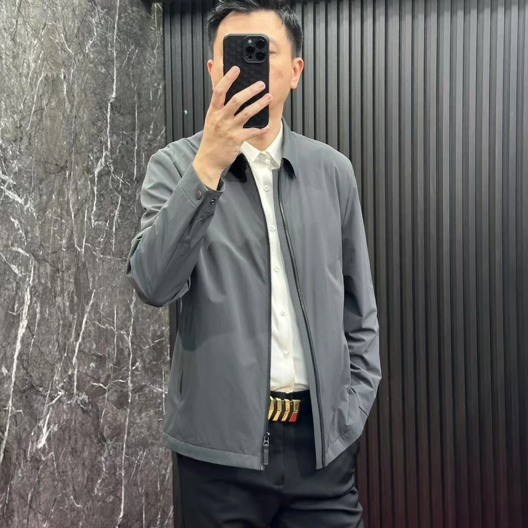 【男士翻领立领商务休闲夹克外套上衣】轻奢拉链秋季抗皱爸爸装藏青