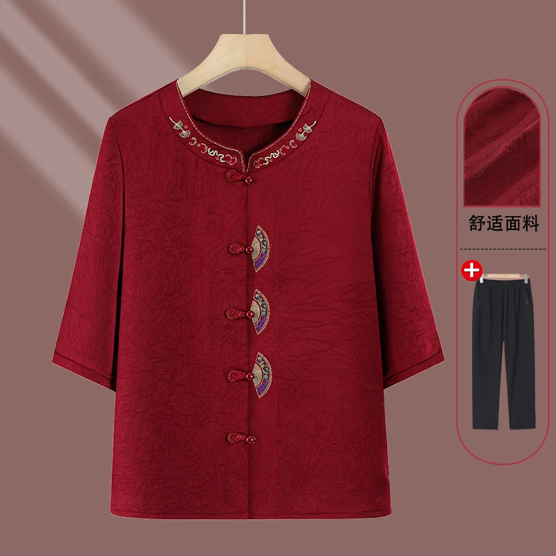 中老年老年人夏装衬衫妈妈七分老太太唐装奶奶夏季衬衣开衫上衣服