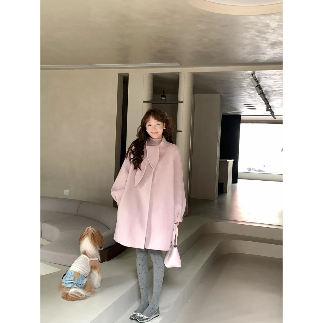 陈一七【冬日情书】2025秋冬温柔兔耳朵100％羊毛手缝双面呢大衣