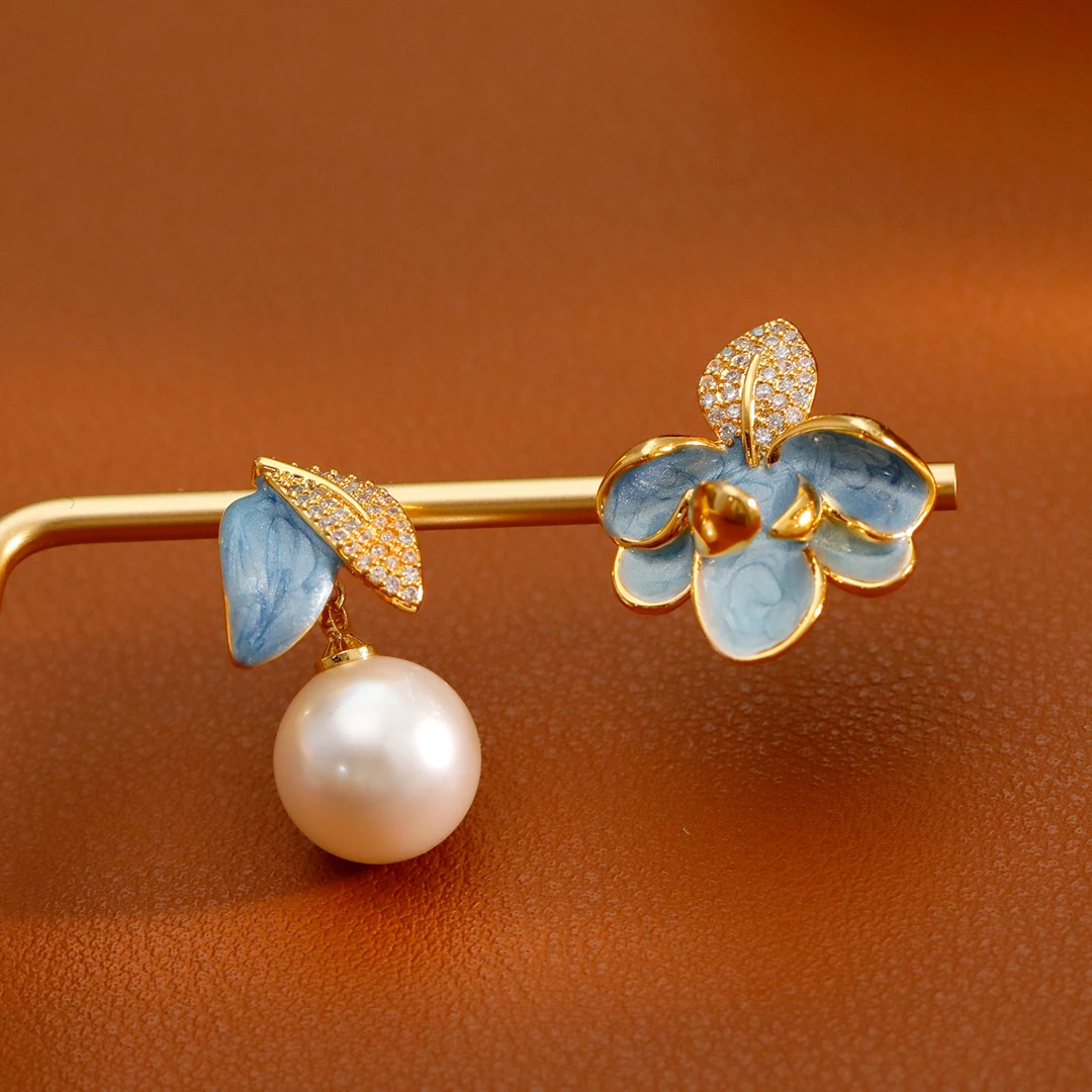 铜合金耳饰 鼎溢珐琅滴油不对称耳环轻奢通勤树叶珠珠耳坠202