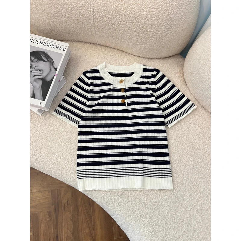 春夏韩系复古黑色条纹短T时尚针织衫短袖百搭2503088