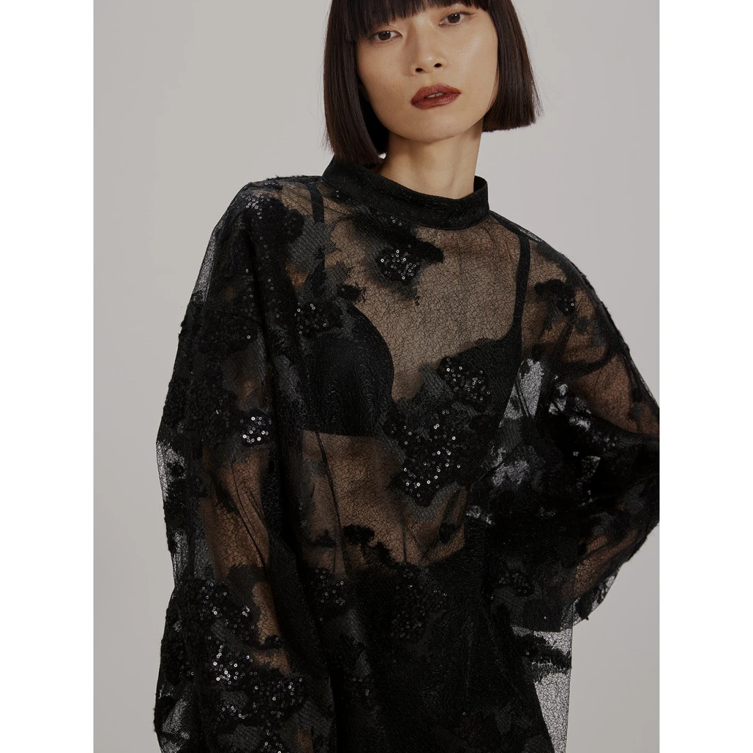 【DD外贸】 秋季新款 代 透明超重工亮片刺绣丝线衬衫