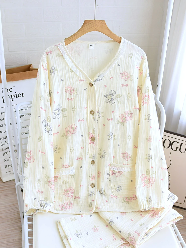 不止玫瑰棉纱透气双层纱家居睡衣全棉睡衣春季新款大宽松吸汗