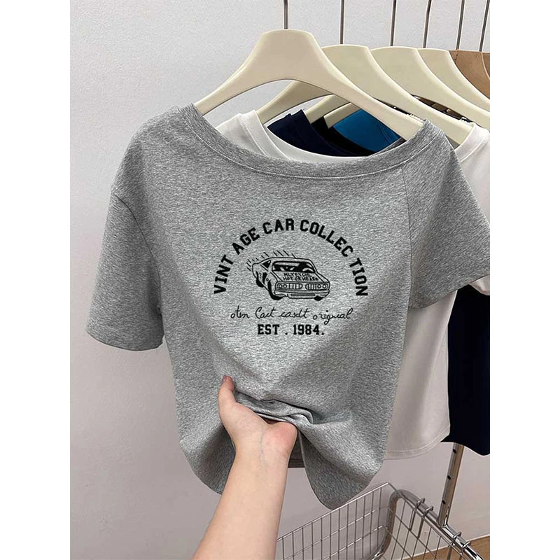 斜肩卡通短袖t恤女时尚百搭小众设计感灰色上衣体恤2025新款夏季