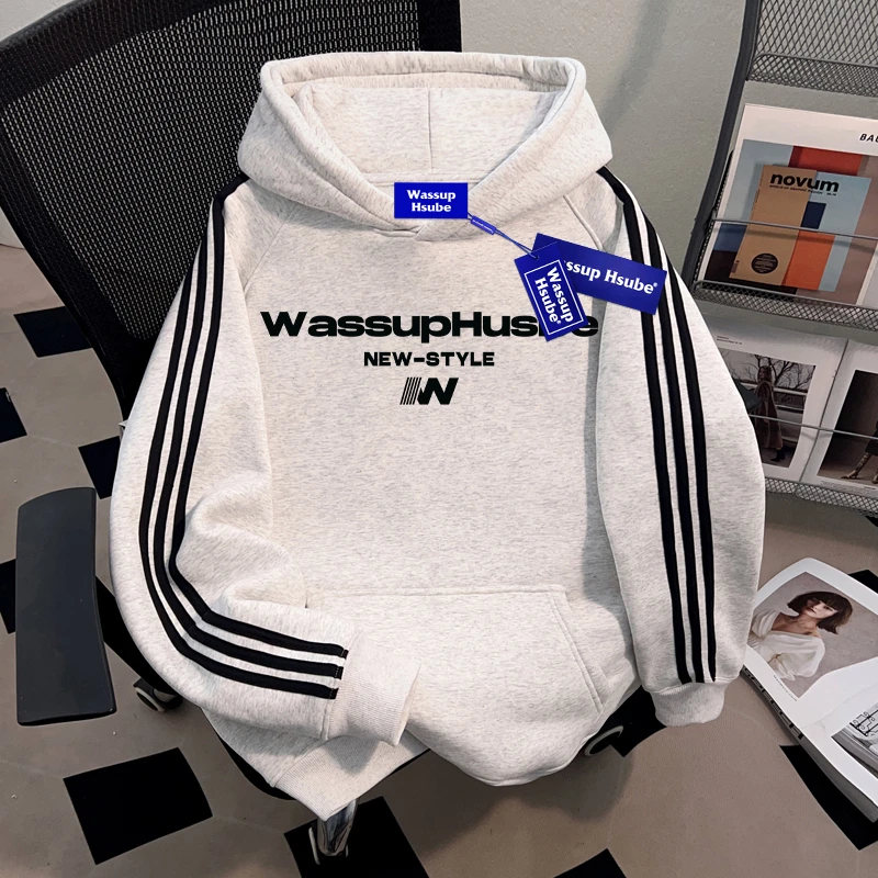 WASSUP HSUBE三条杠美式连帽卫衣重磅潮牌宽松上衣秋冬男女情侣款