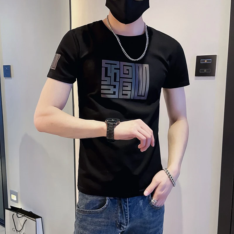 夏季潮牌男士短袖t恤男修身半袖潮流简约反光印花体恤衫圆领潮男T
