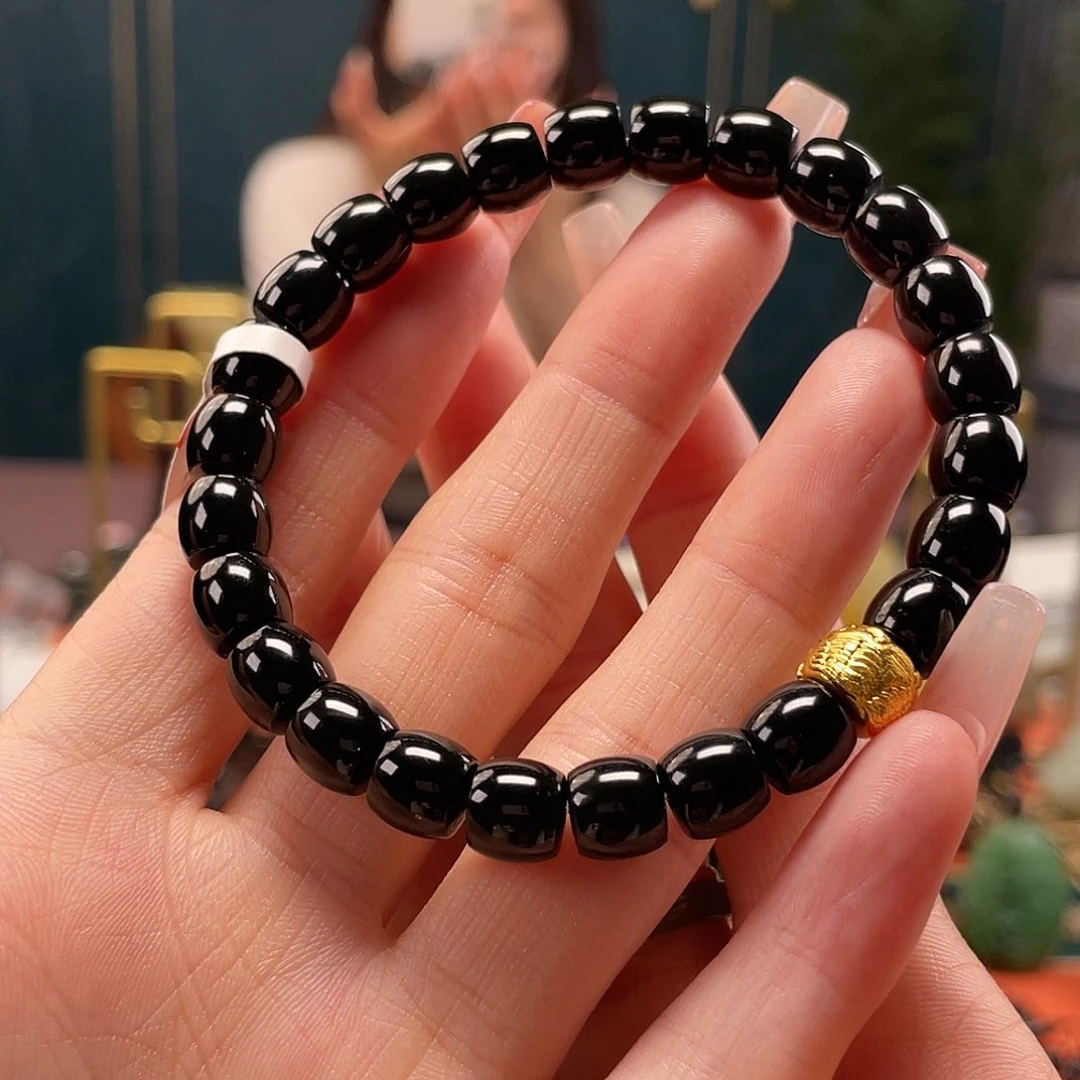 手串足金镶嵌和田玉黑青卡7.8直切