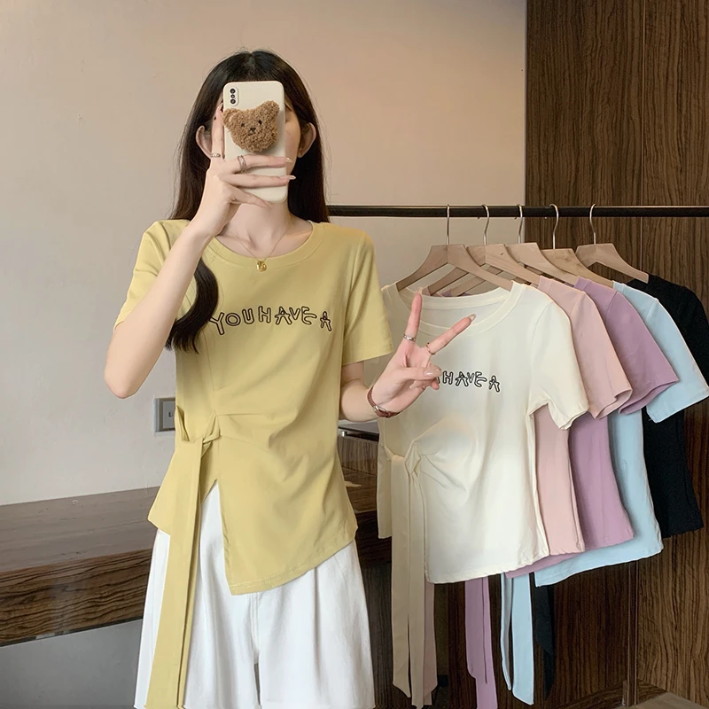 A大码设计感绑带短袖女T恤2025夏季微胖MM欧若风纯色百搭显瘦上衣