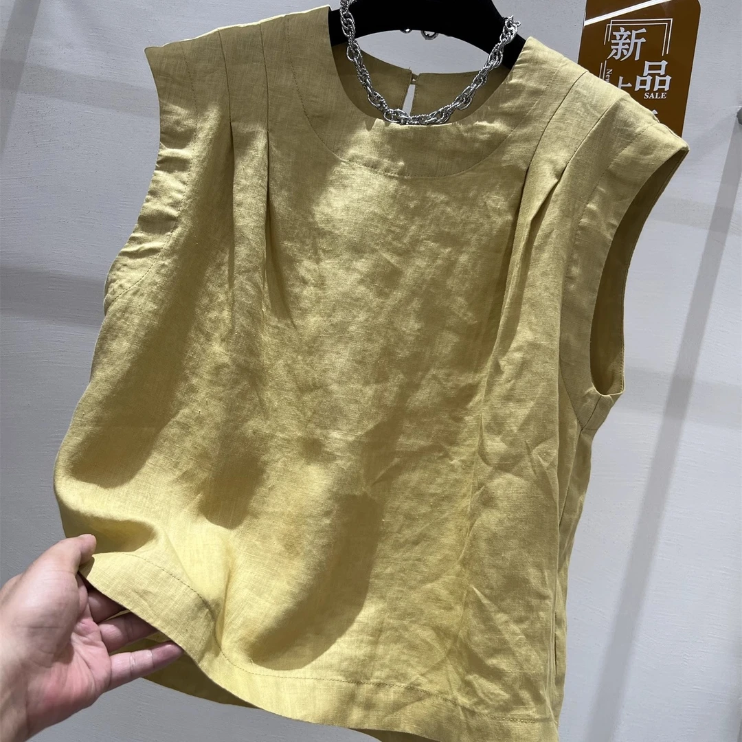 欧韩2025年夏季时尚新款圆领褶皱时尚轻奢亚麻无袖背心衬衫女上衣