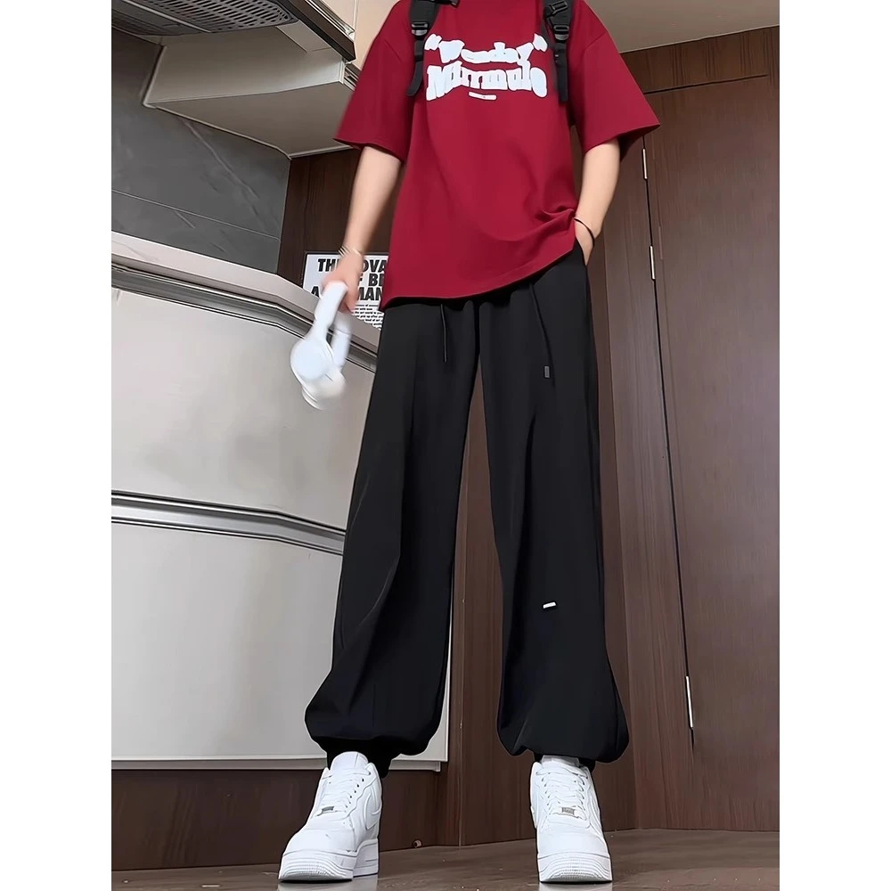 垂感冰丝束脚长裤男款夏季薄款美式阔腿速干运动裤宽松哈伦九分裤