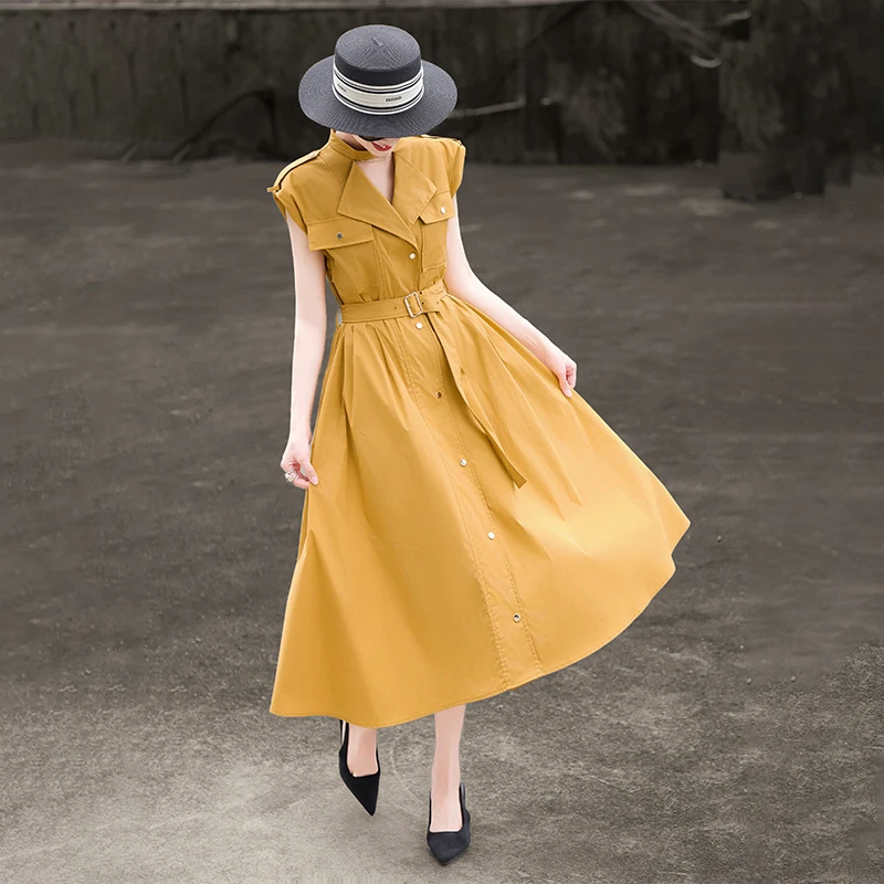 MEXCOCO/兰瑟儿夏季新款高级感收腰系带纯色连衣裙105XL9382