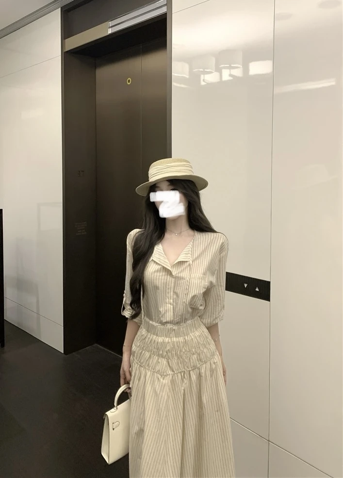 夏季法式复古条纹套装慵懒减龄松弛宽松休闲气质衬衫+裙子AM25855