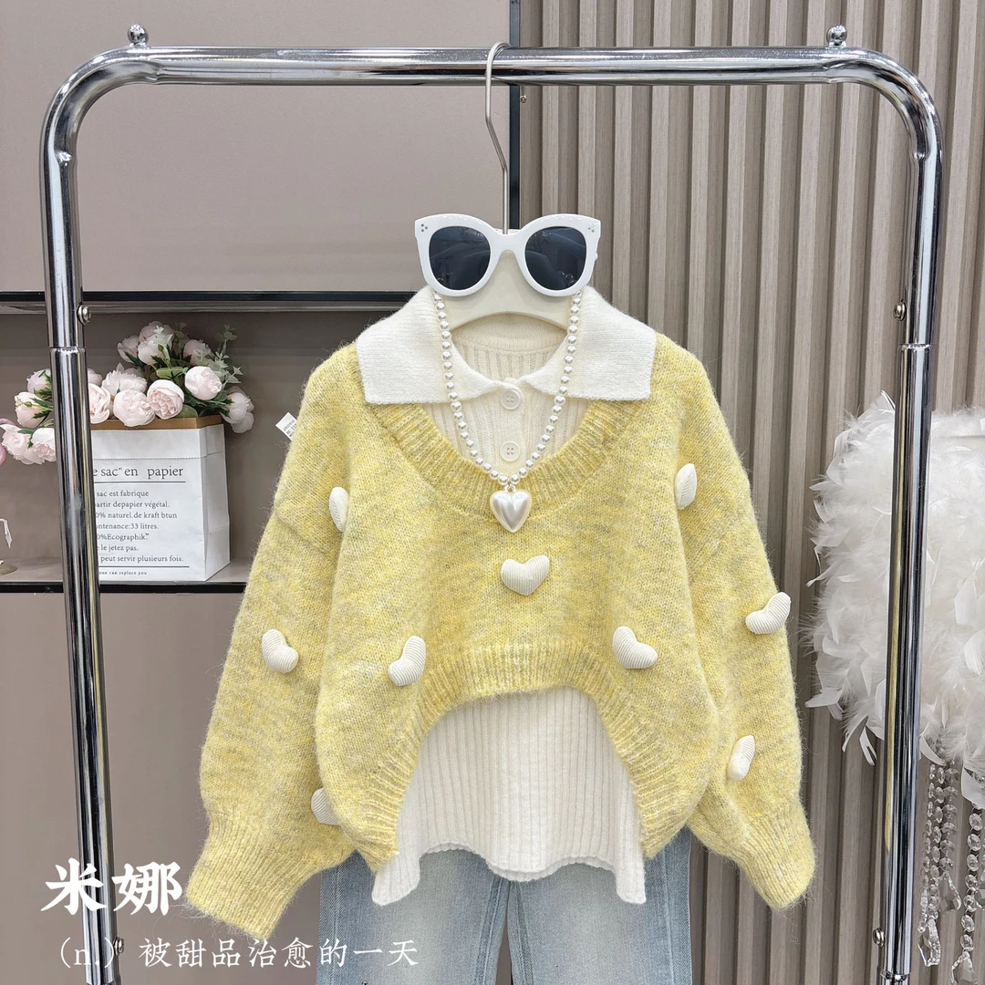 2025秋季新款毛衣女童韩版外套毛衣打底时尚牛仔裤套装2669-1