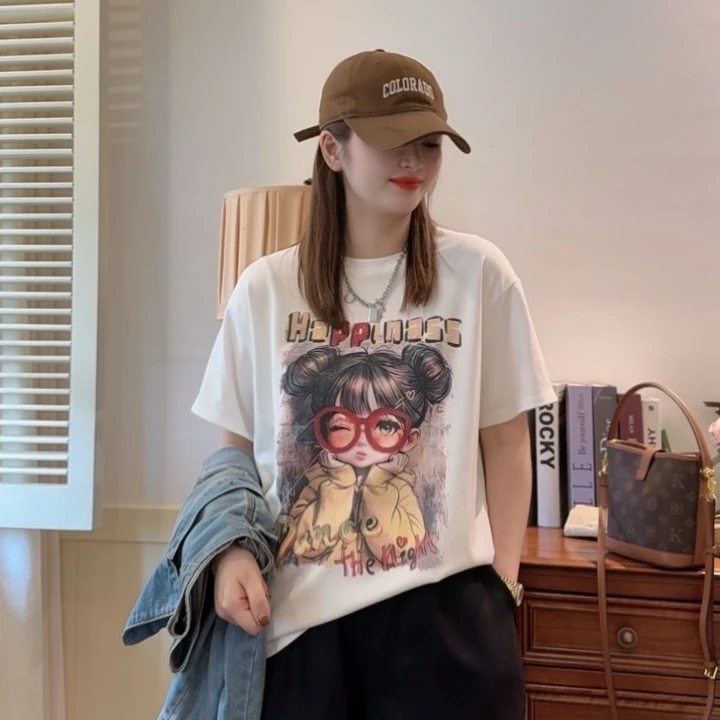 【嘟嘟妹妹】夏季小众设计师新款休闲宽松圆领印花休闲百搭短袖T