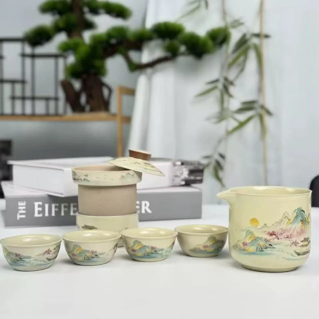 当代汝窑【山水】一壶茶具+4杯便携旅行套（紫白包）C1056