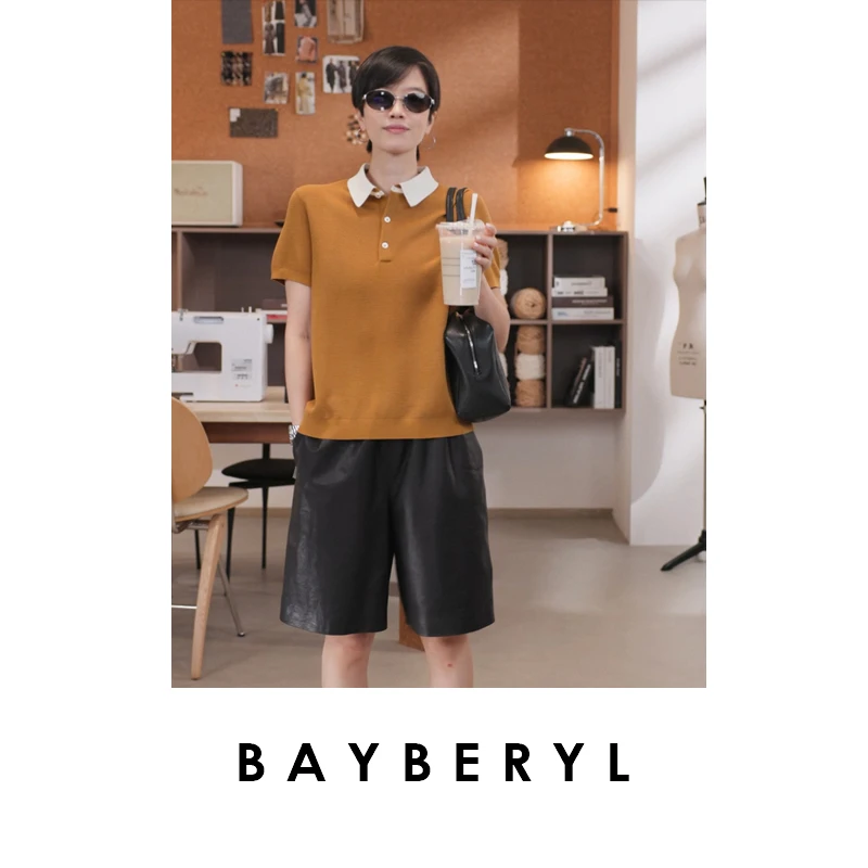 BAYBERYL老贝碰撞Polo领撞色百搭羊毛秋短袖针织衫ZZS5H0506-8/21