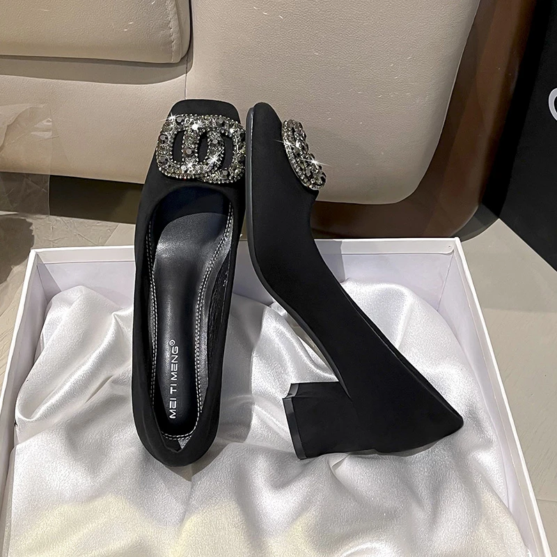 浅口高跟鞋女方头中跟粗跟气质舒适黑色百搭单鞋软底方扣水钻女鞋