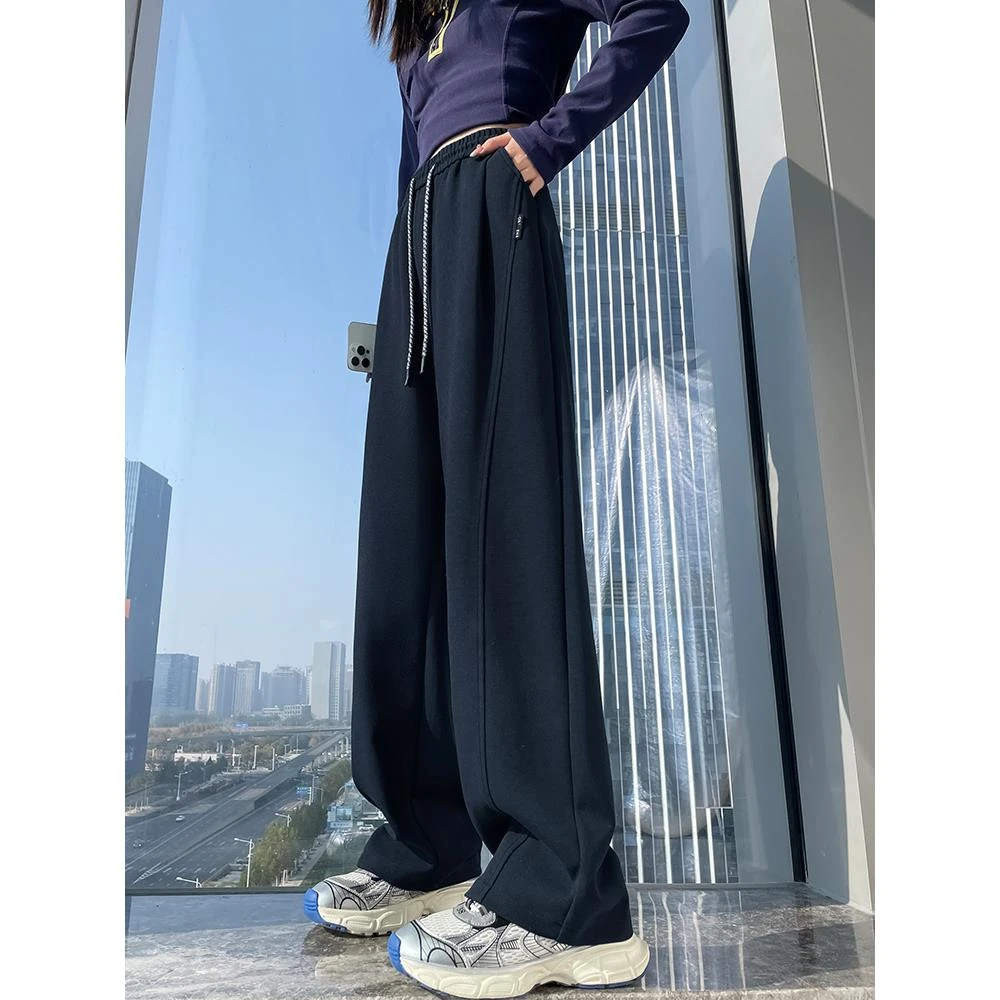 藏蓝色运动阔腿裤女秋冬新款高腰休闲香蕉裤宽松显瘦直筒卫裤