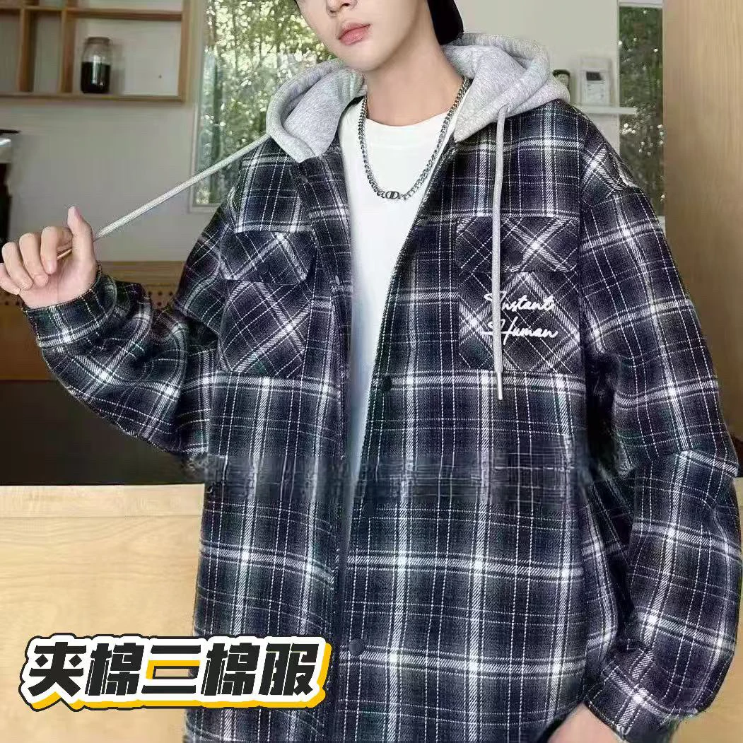 m【加厚加棉款外套】青少年冬季纽扣外套港风格子加绒棉服学生党