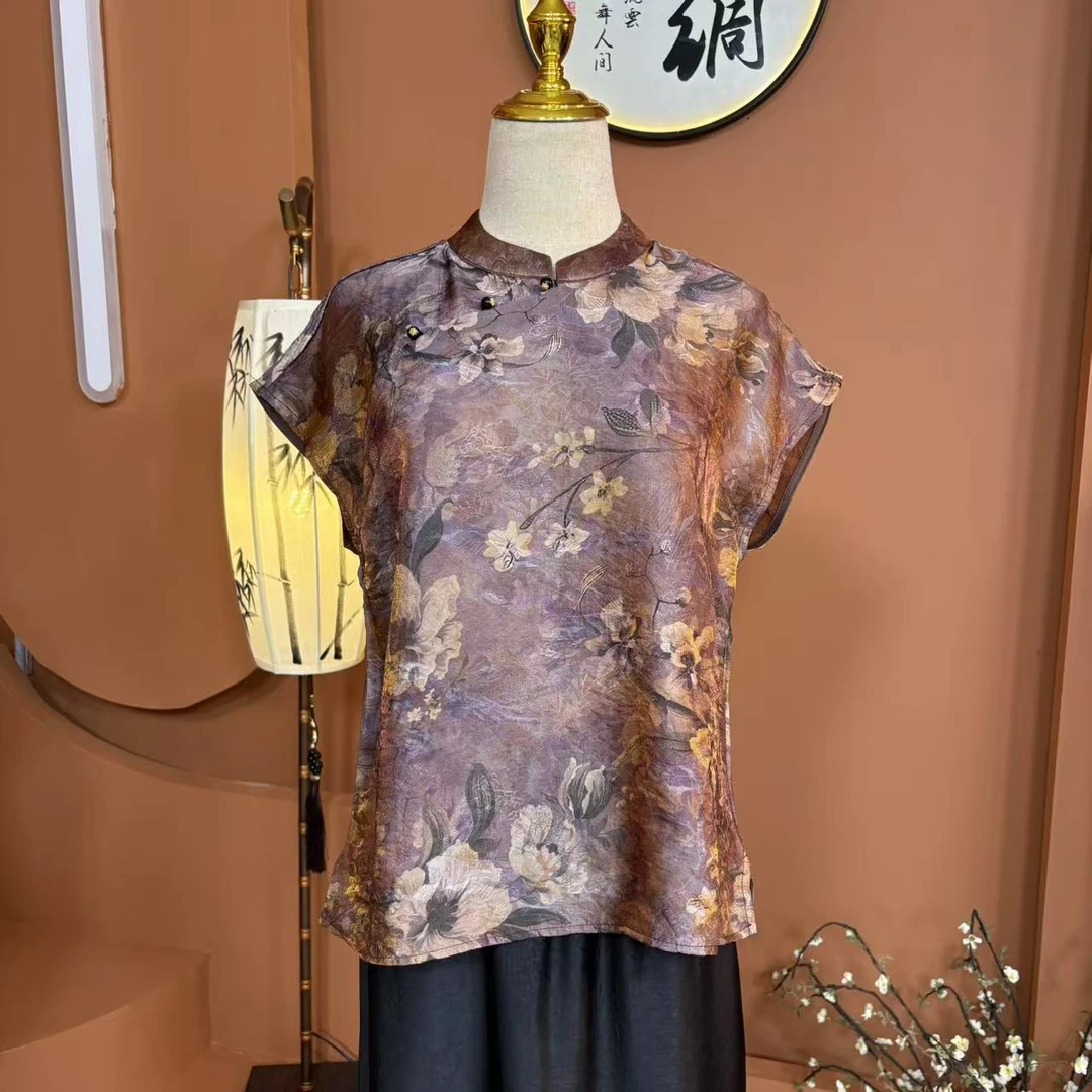 复古旗袍领立领上衣小衫常规款短袖提花斜襟气质妈妈装106