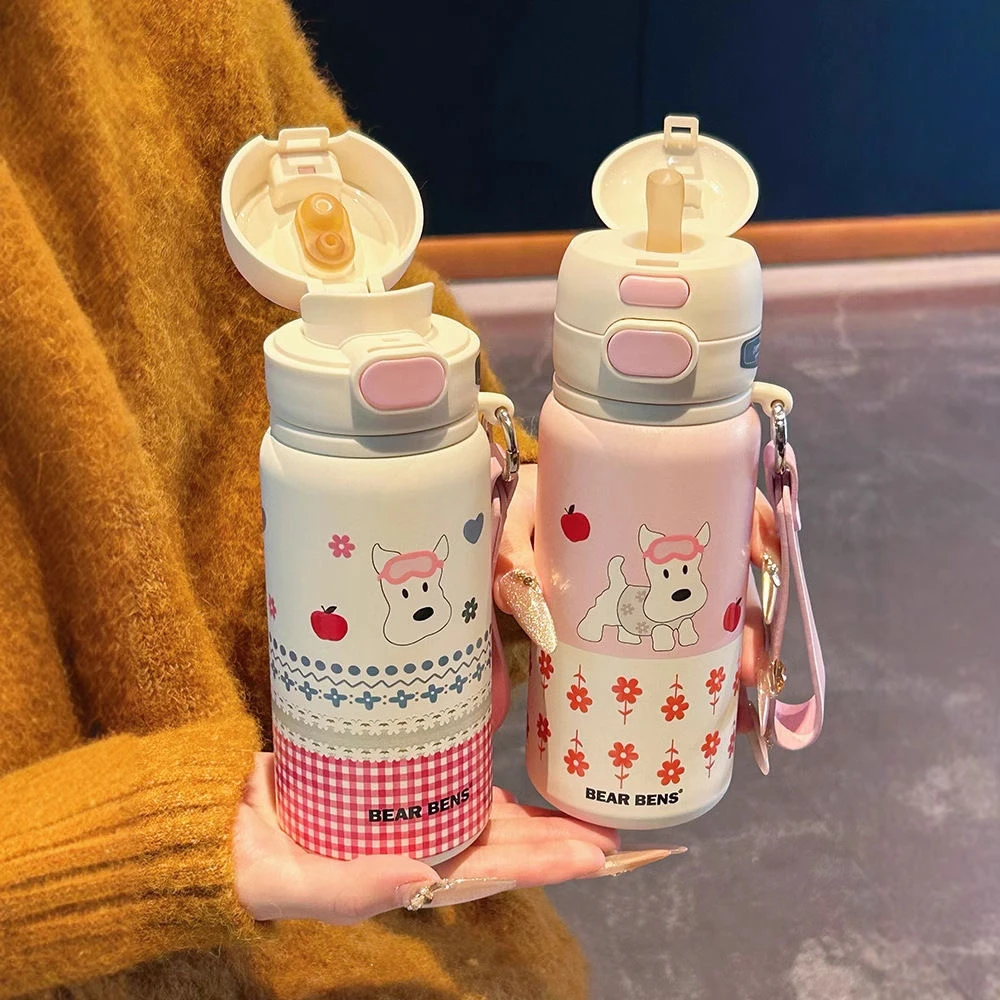 儿童可爱熊本士保温杯高颜值学生316不锈钢外出便携户外吸管水杯
