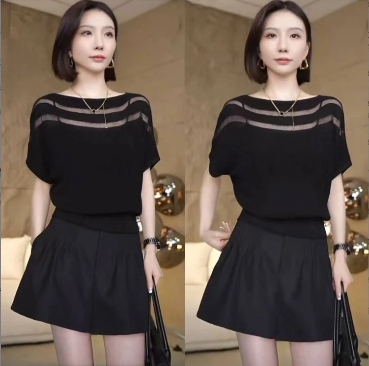 韩版设计感一字领镂空冰丝针织T恤女2025夏季新款蝙蝠袖外穿上衣