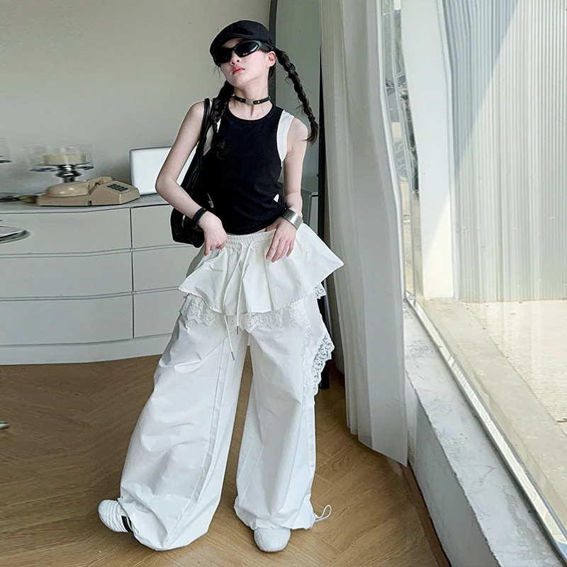 女童网红同款2025夏季新款蕾丝飘带裙边假两件宽松阔腿休闲裤背心